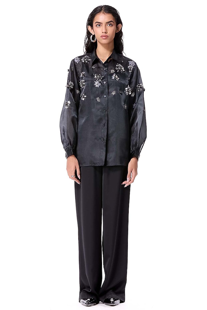 Black Polyester Embellished Shirt by Kanika Goyal at Pernia's Pop Up Shop