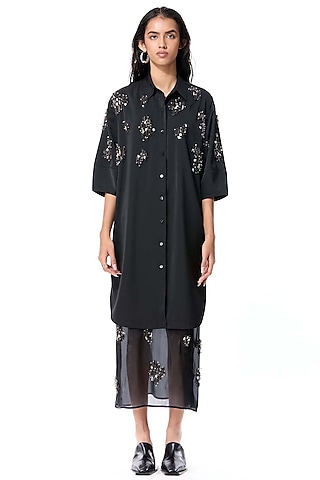 Black Cotton Embellished Shirt Dress by Kanika Goyal