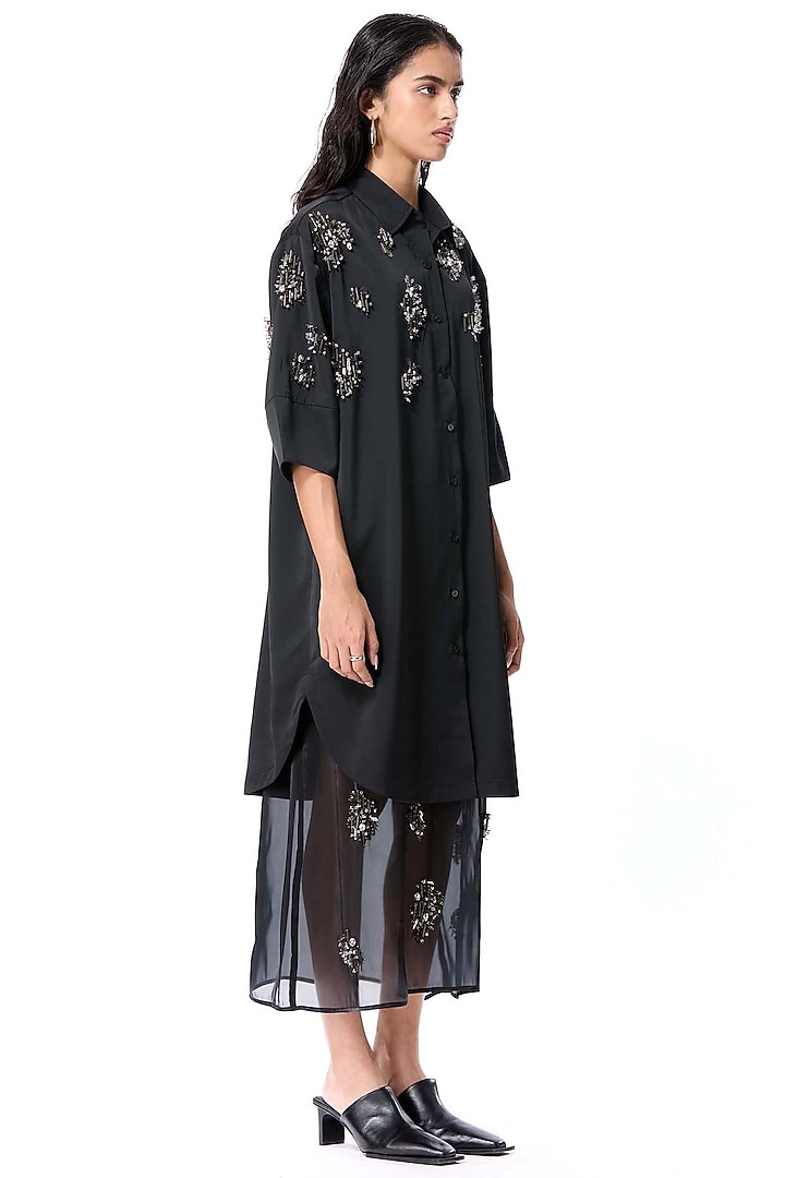 Black Cotton Embellished Shirt Vacation Dress by Kanika Goyal at Pernia's Pop Up Shop