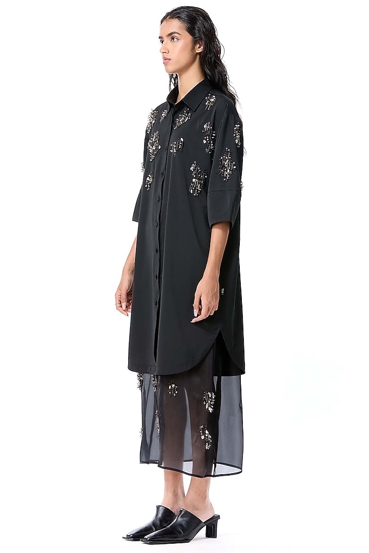 Black Cotton Embellished Shirt Vacation Dress by Kanika Goyal at Pernia's Pop Up Shop