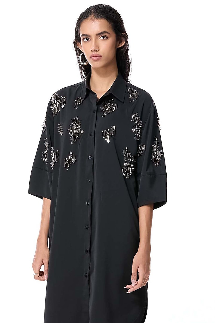 Black Cotton Embellished Shirt Vacation Dress by Kanika Goyal at Pernia's Pop Up Shop