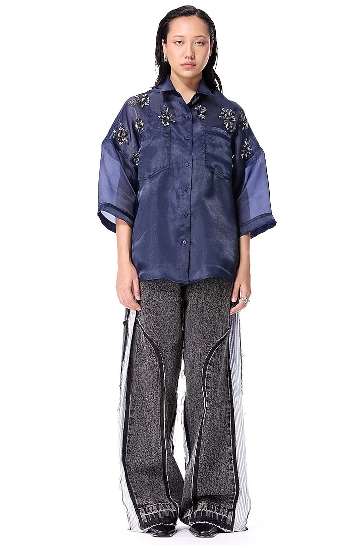 Navy Blue Polyester Embellished Shirt by Kanika Goyal at Pernia's Pop Up Shop