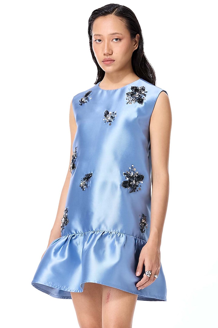 Blue Taffeta Embellished Mini Cocktail Dress by Kanika Goyal at Pernia's Pop Up Shop