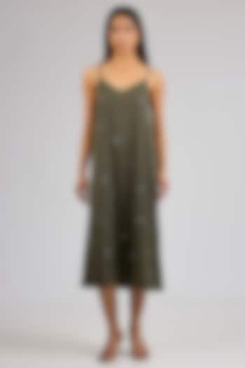 Olive Green Satin Midi Vacation Dress by Kanika Goyal at Pernia's Pop Up Shop