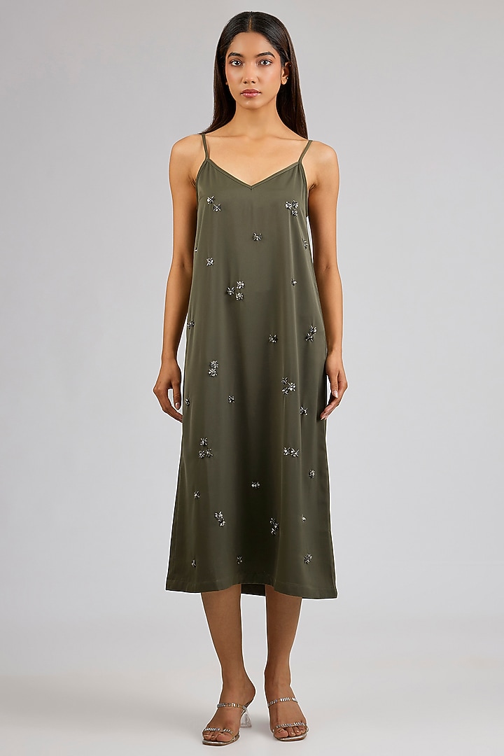 Olive Green Satin Midi Vacation Dress by Kanika Goyal at Pernia's Pop Up Shop