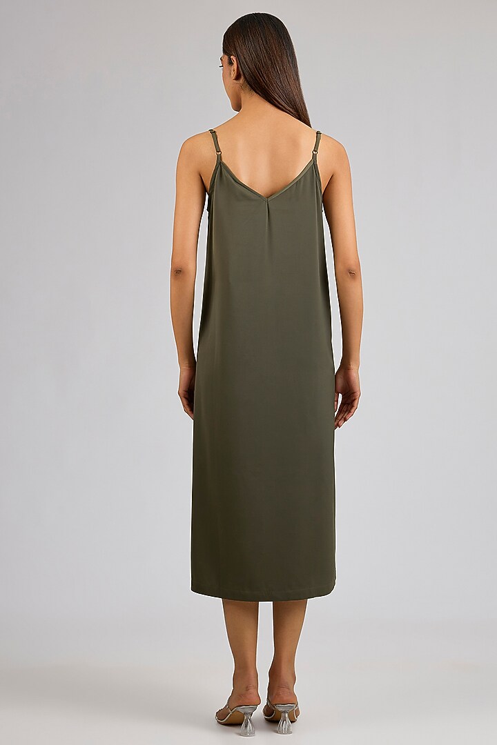 Olive Green Satin Midi Vacation Dress by Kanika Goyal at Pernia's Pop Up Shop