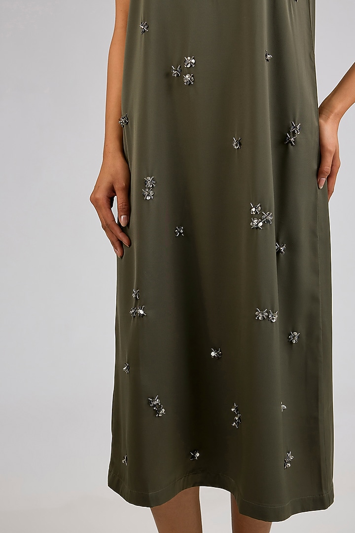 Olive Green Satin Midi Vacation Dress by Kanika Goyal at Pernia's Pop Up Shop