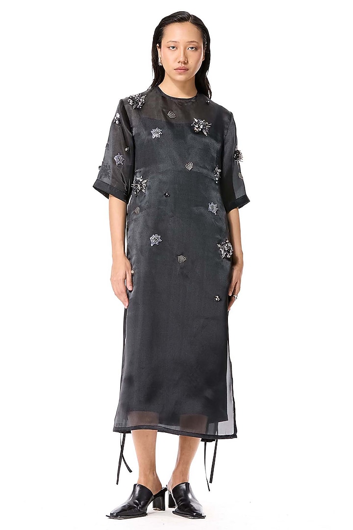 Black Polyester Embellished Midi Cocktail Dress by Kanika Goyal at Pernia's Pop Up Shop