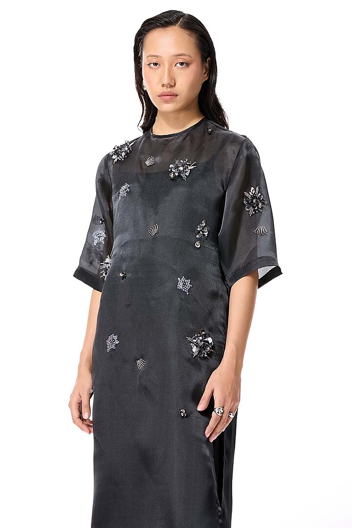 Black Polyester Embellished Midi Cocktail Dress by Kanika Goyal at Pernia's Pop Up Shop