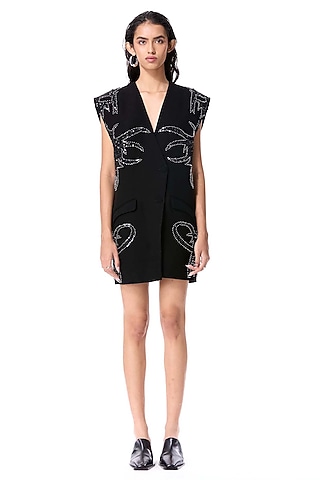 Black Polyester Embellished Mini Blazer Dress by Kanika Goyal