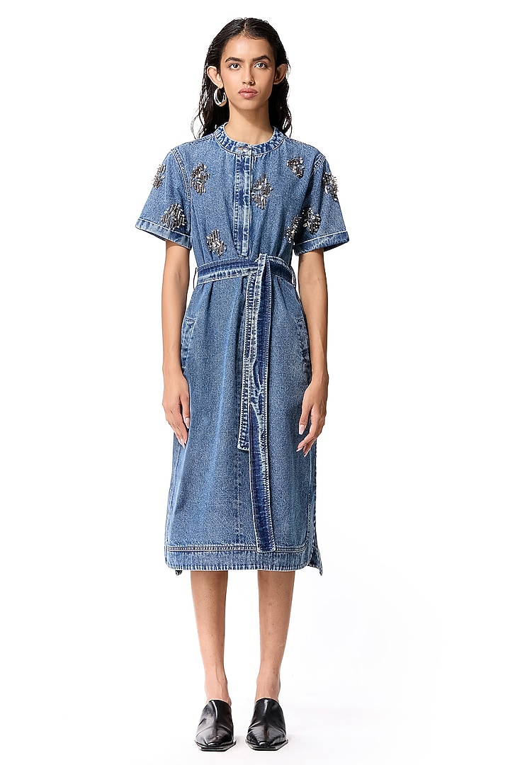 Blue Cotton Denim Midi Cocktail Dress by Kanika Goyal at Pernia's Pop Up Shop