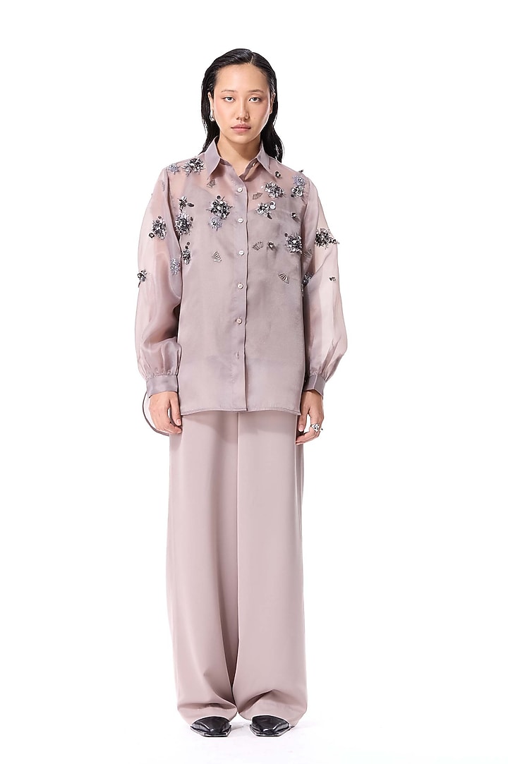 Beige Organza & Polyester Embellished Shirt by Kanika Goyal at Pernia's Pop Up Shop
