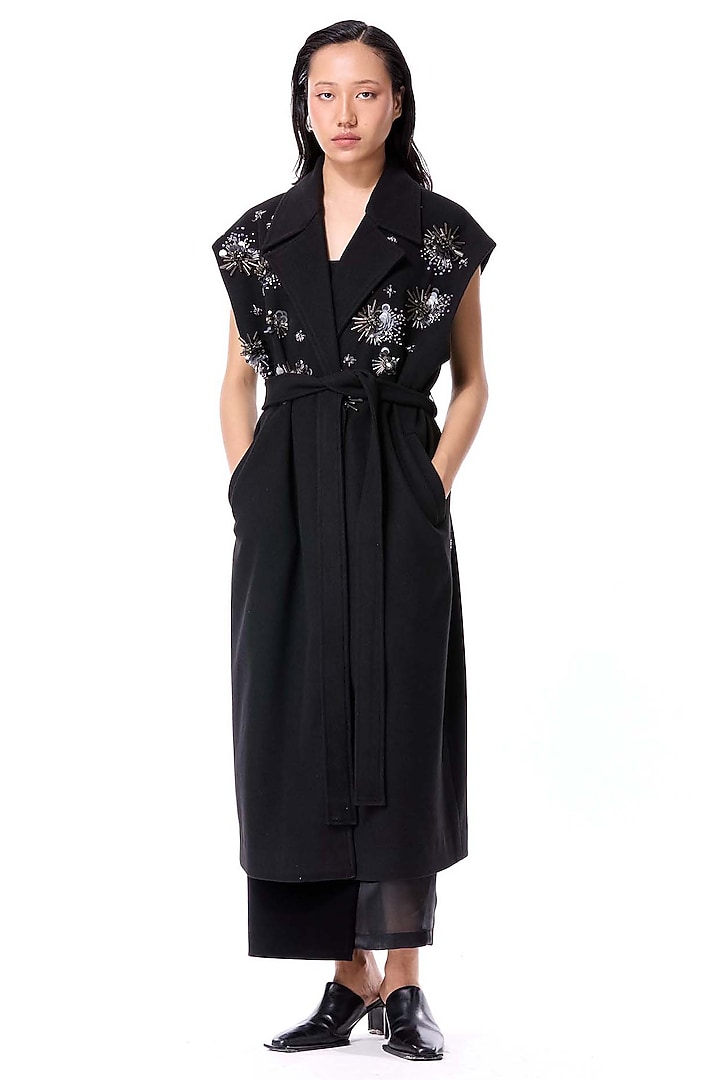 Black Wool & Acrylic Embellished Coat by Kanika Goyal at Pernia's Pop Up Shop
