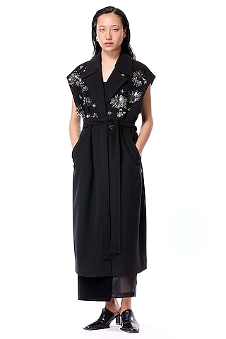 Black Wool & Acrylic Embellished Coat by Kanika Goyal