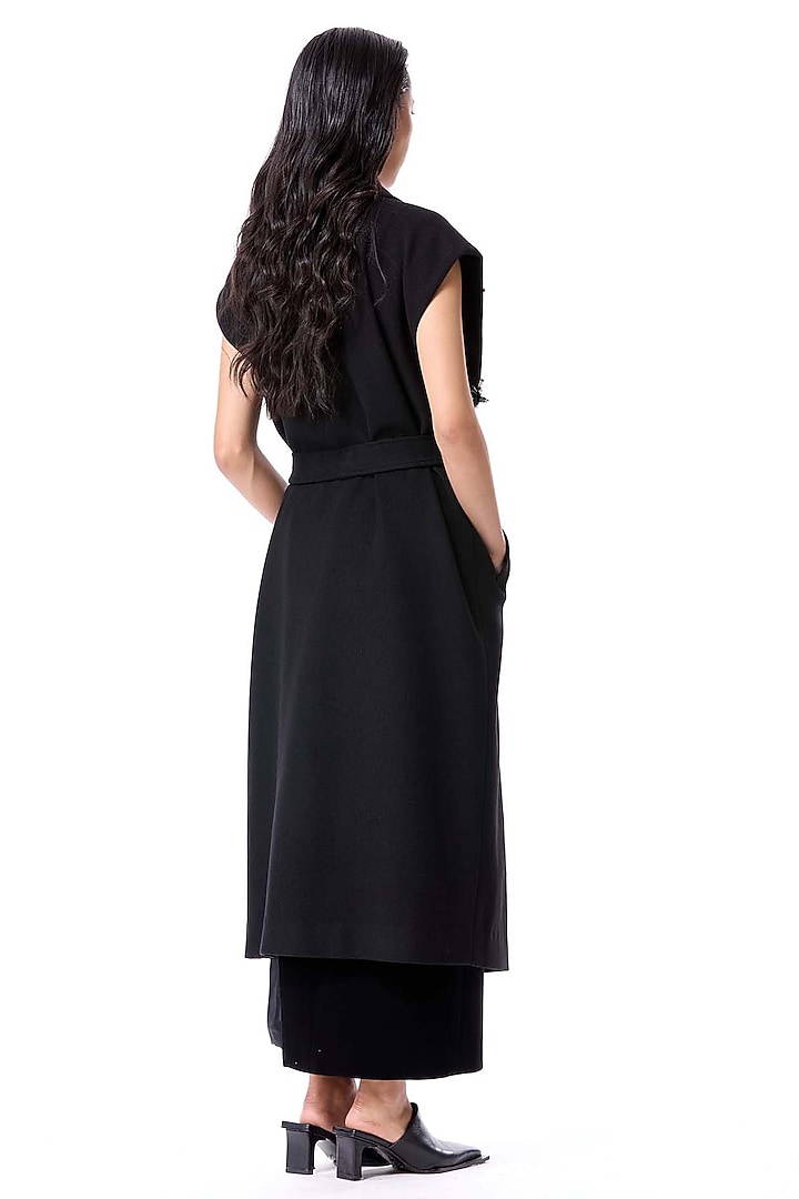 Black Wool & Acrylic Embellished Coat by Kanika Goyal at Pernia's Pop Up Shop
