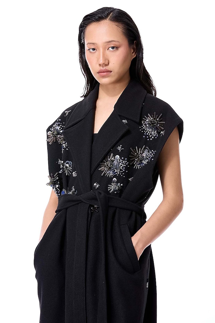 Black Wool & Acrylic Embellished Coat by Kanika Goyal at Pernia's Pop Up Shop