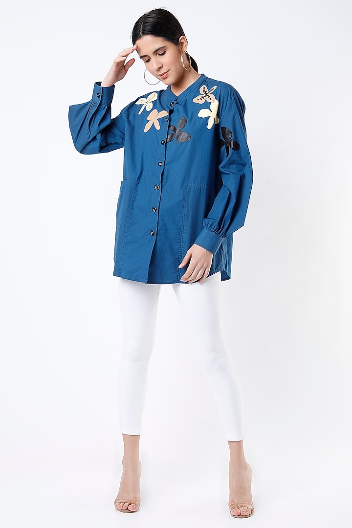 Teal Blue Floral Applique Shirt by Kanika Goyal