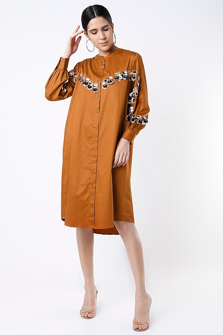 Rust Orange Embellished Shirt Dress by Kanika Goyal