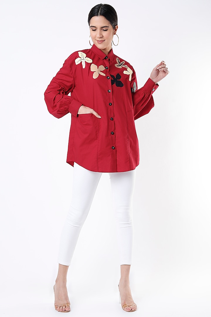 Red Floral Applique Shirt by Kanika Goyal