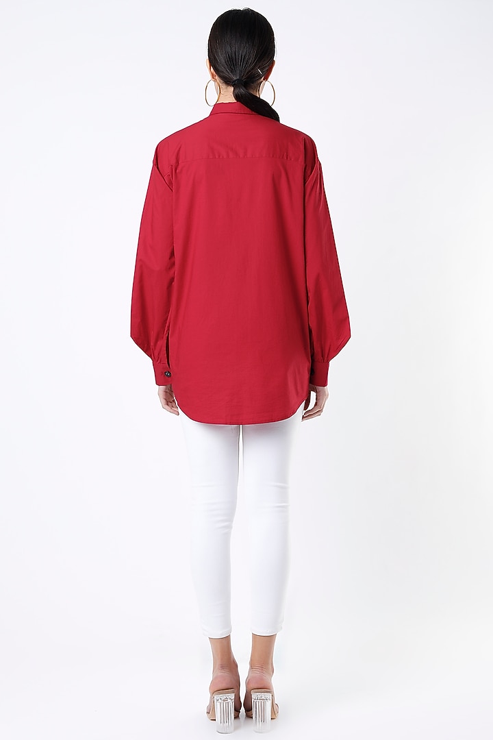 Red Floral Applique Shirt by Kanika Goyal at Pernia's Pop Up Shop
