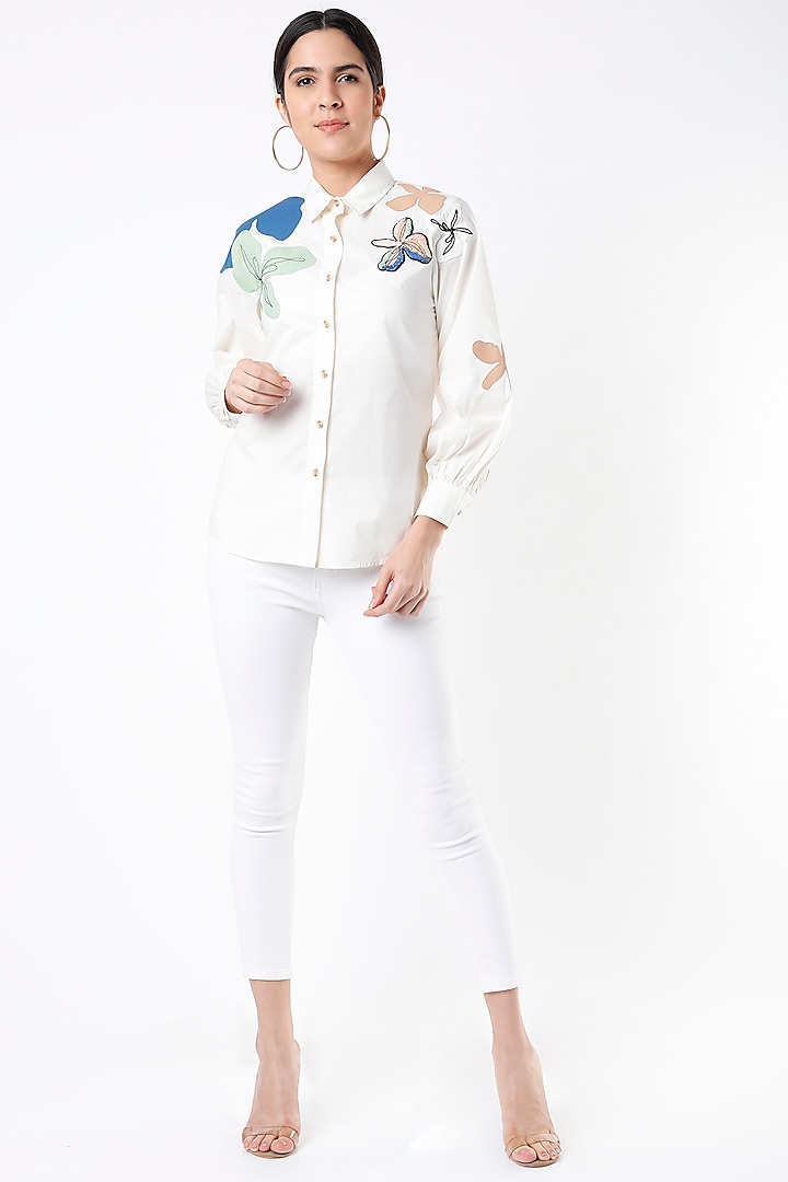 White Floral Embroidered Shirt by Kanika Goyal