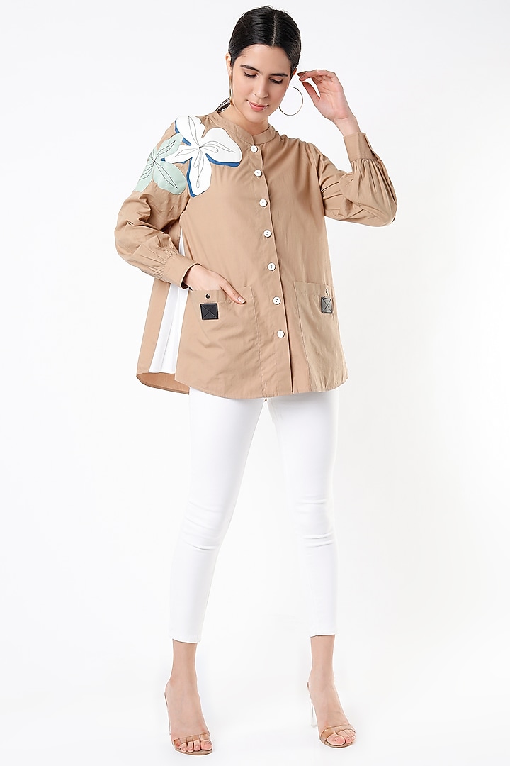 Beige Cotton Applique Shirt by Kanika Goyal at Pernia's Pop Up Shop