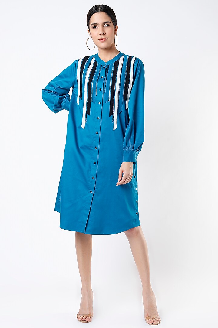 Blue Embellished Shirt Dress by Kanika Goyal