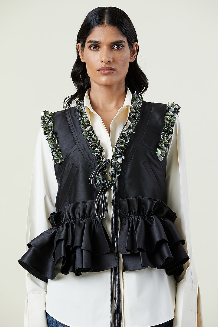 Black Polyester Gilet by Kanika Goyal at Pernia's Pop Up Shop