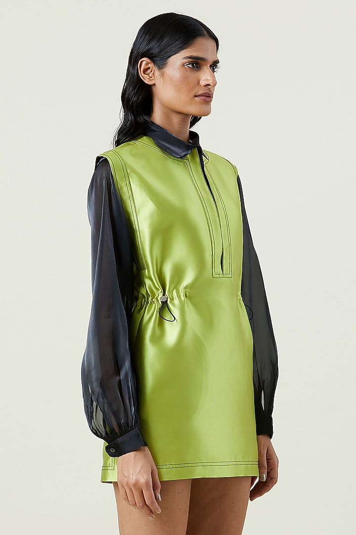 Green Taffeta Mini Vacation Dress With Shirt by Kanika Goyal at Pernia's Pop Up Shop