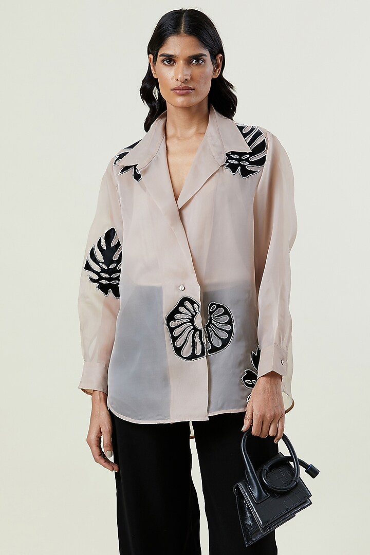 Beige Polyester Applique Shirt by Kanika Goyal at Pernia's Pop Up Shop