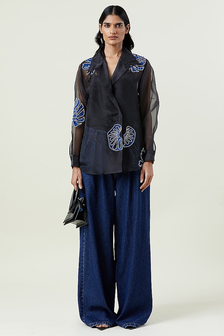 Black Polyester Applique Shirt by Kanika Goyal at Pernia's Pop Up Shop