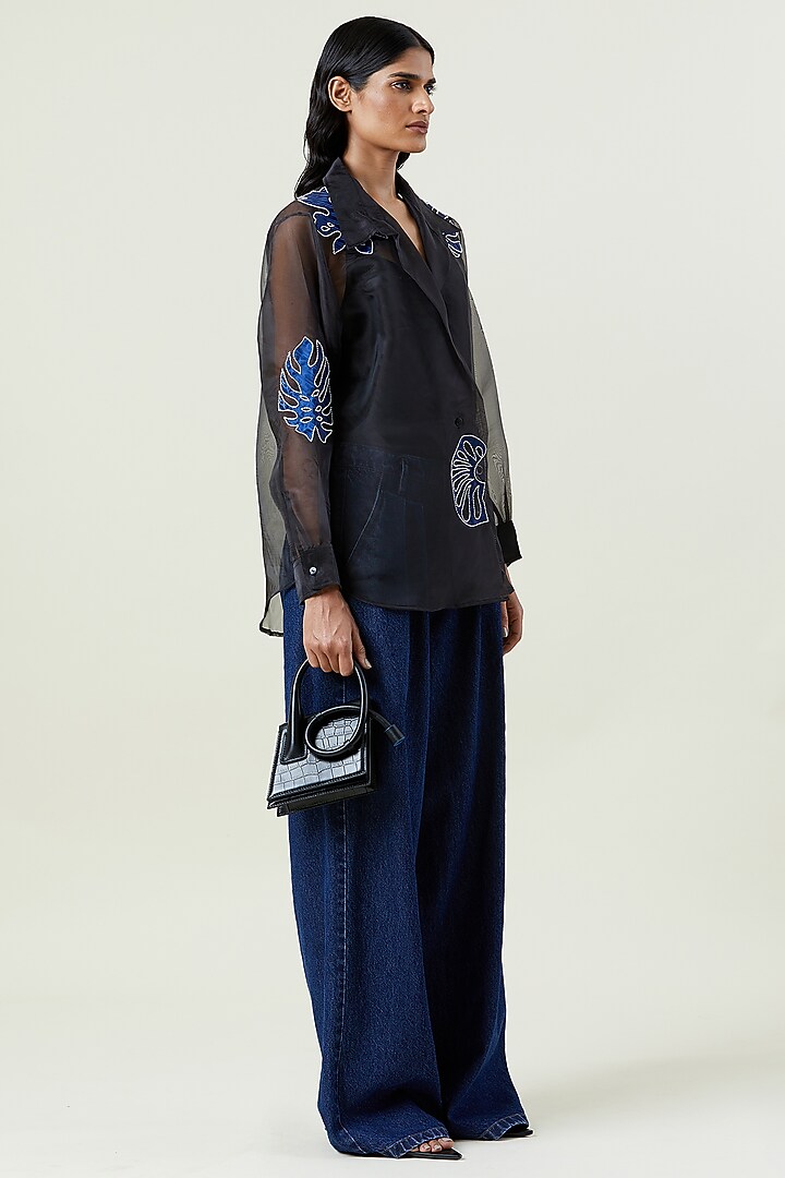 Black Polyester Applique Shirt by Kanika Goyal at Pernia's Pop Up Shop