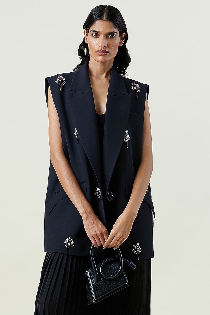 Navy Blue Polyester Hand Embellished Sleeveless Blazer by Kanika Goyal at Pernia's Pop Up Shop