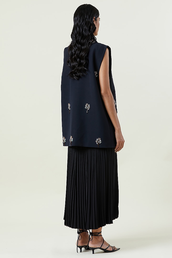Navy Blue Polyester Hand Embellished Sleeveless Blazer by Kanika Goyal at Pernia's Pop Up Shop