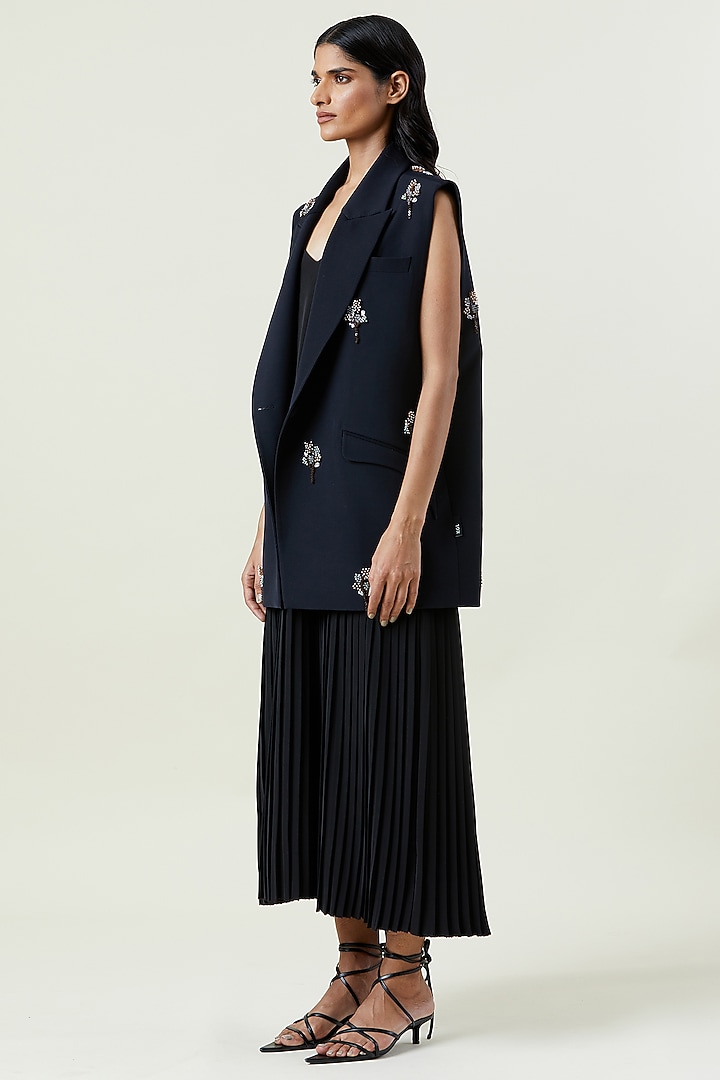 Navy Blue Polyester Hand Embellished Sleeveless Blazer by Kanika Goyal at Pernia's Pop Up Shop