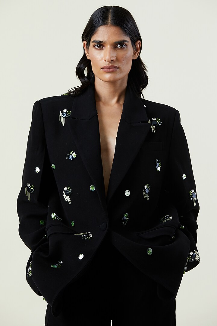 Black Polyester Hand Embellished Blazer by Kanika Goyal at Pernia's Pop Up Shop