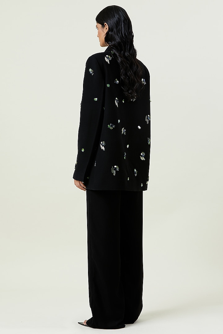Black Polyester Hand Embellished Blazer by Kanika Goyal at Pernia's Pop Up Shop