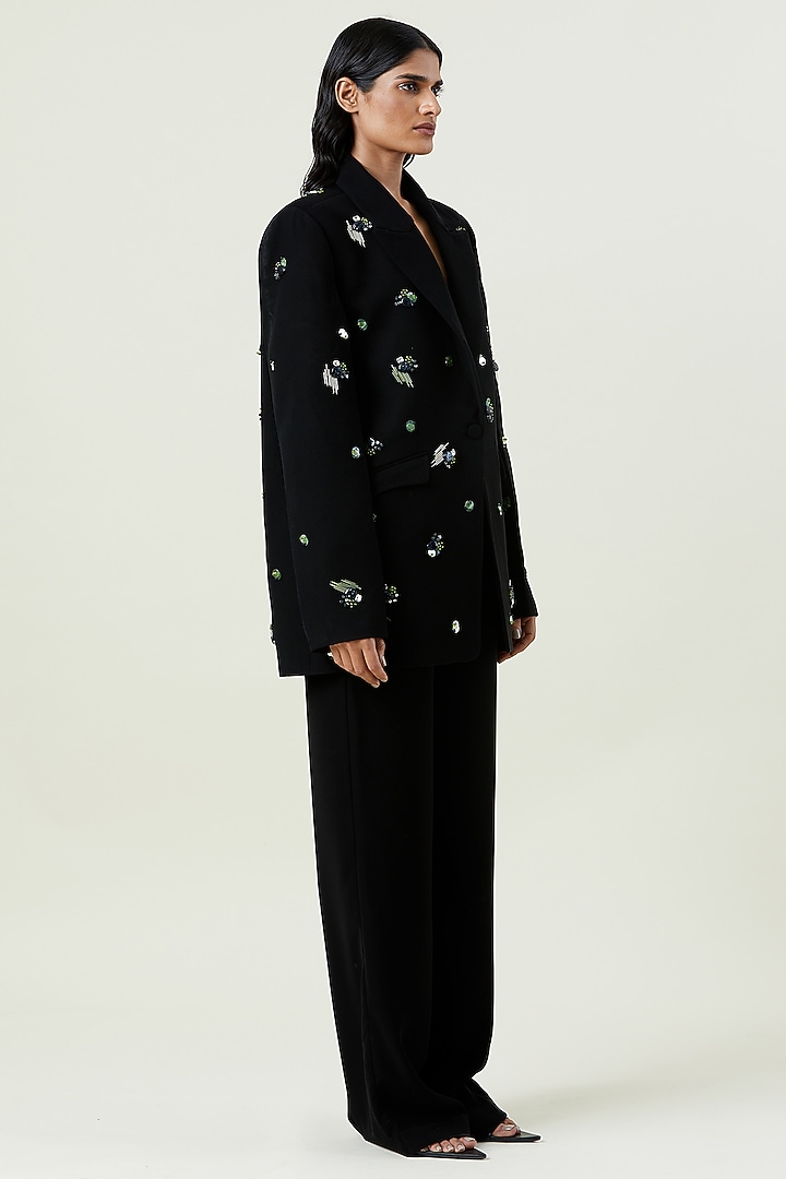 Black Polyester Hand Embellished Blazer by Kanika Goyal at Pernia's Pop Up Shop
