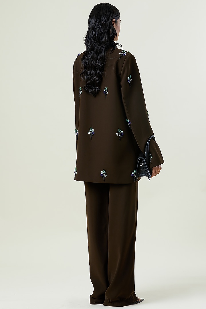 Olive Polyester Hand Embellished Single-Breasted Blazer by Kanika Goyal at Pernia's Pop Up Shop