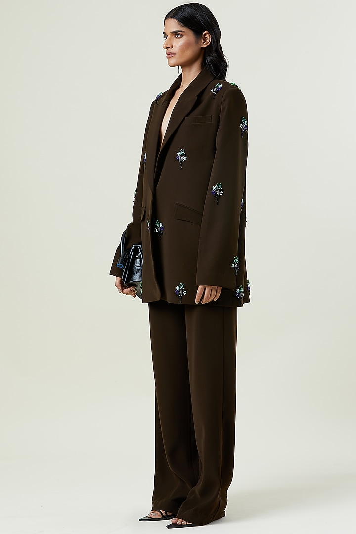 Olive Polyester Hand Embellished Single-Breasted Blazer by Kanika Goyal at Pernia's Pop Up Shop