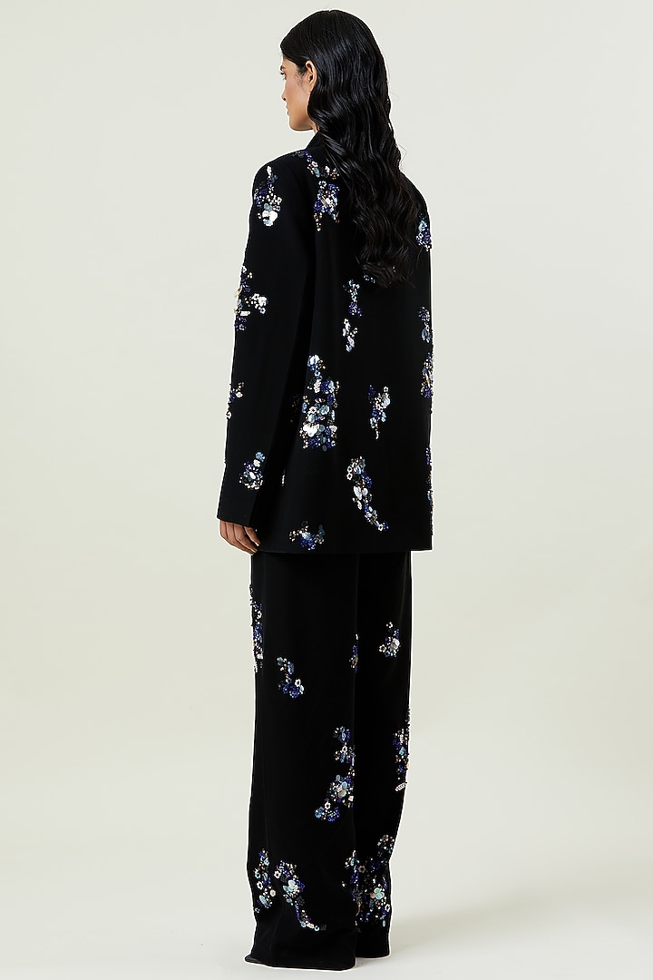 Black Polyester Hand Embellished Single-Breasted Blazer by Kanika Goyal at Pernia's Pop Up Shop