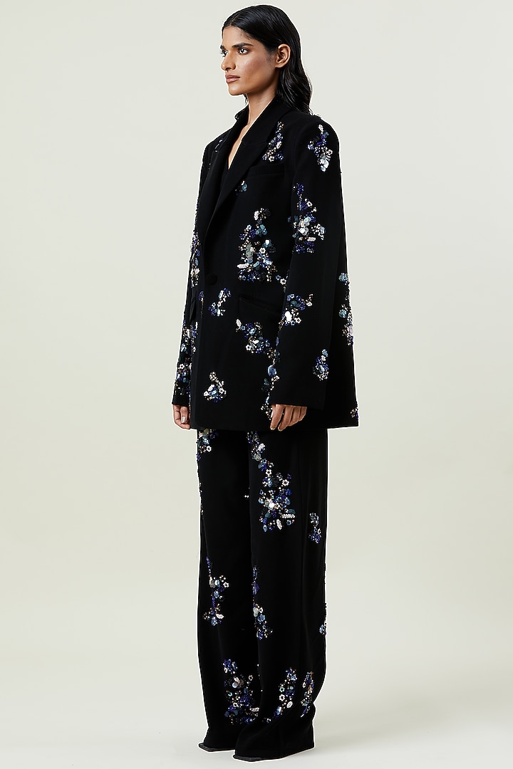 Black Polyester Hand Embellished Single-Breasted Blazer by Kanika Goyal at Pernia's Pop Up Shop