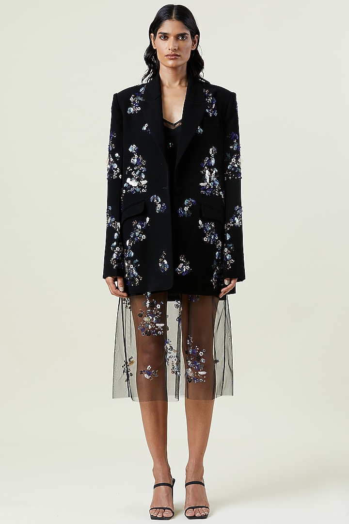 Black Polyester Hand Embellished Slip Vacation Dress by Kanika Goyal at Pernia's Pop Up Shop