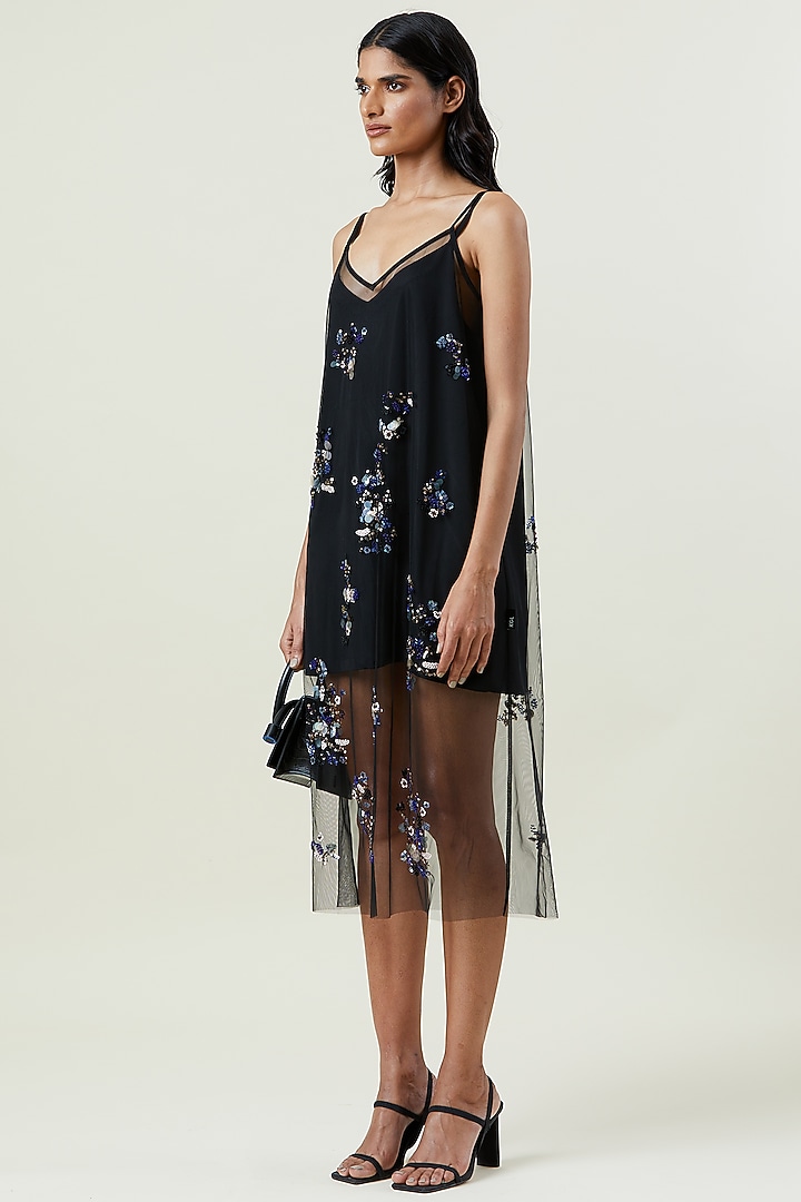 Black Polyester Hand Embellished Slip Vacation Dress by Kanika Goyal at Pernia's Pop Up Shop