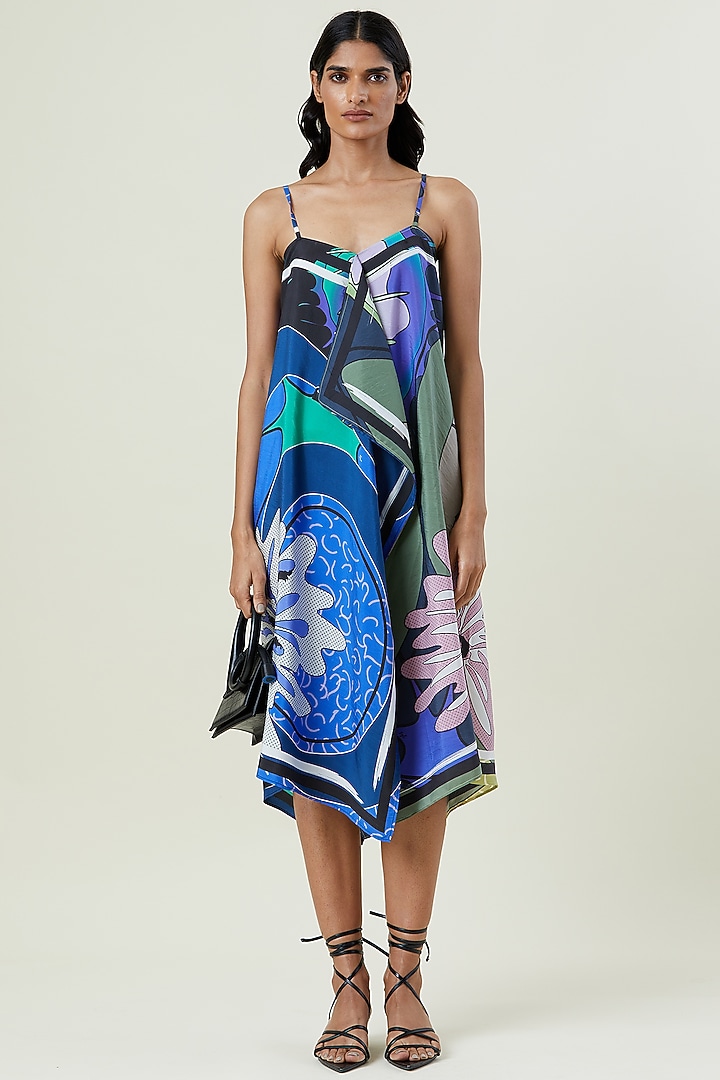 Multi-Colored Silk Engineered Printed Midi Vacation Dress by Kanika Goyal at Pernia's Pop Up Shop