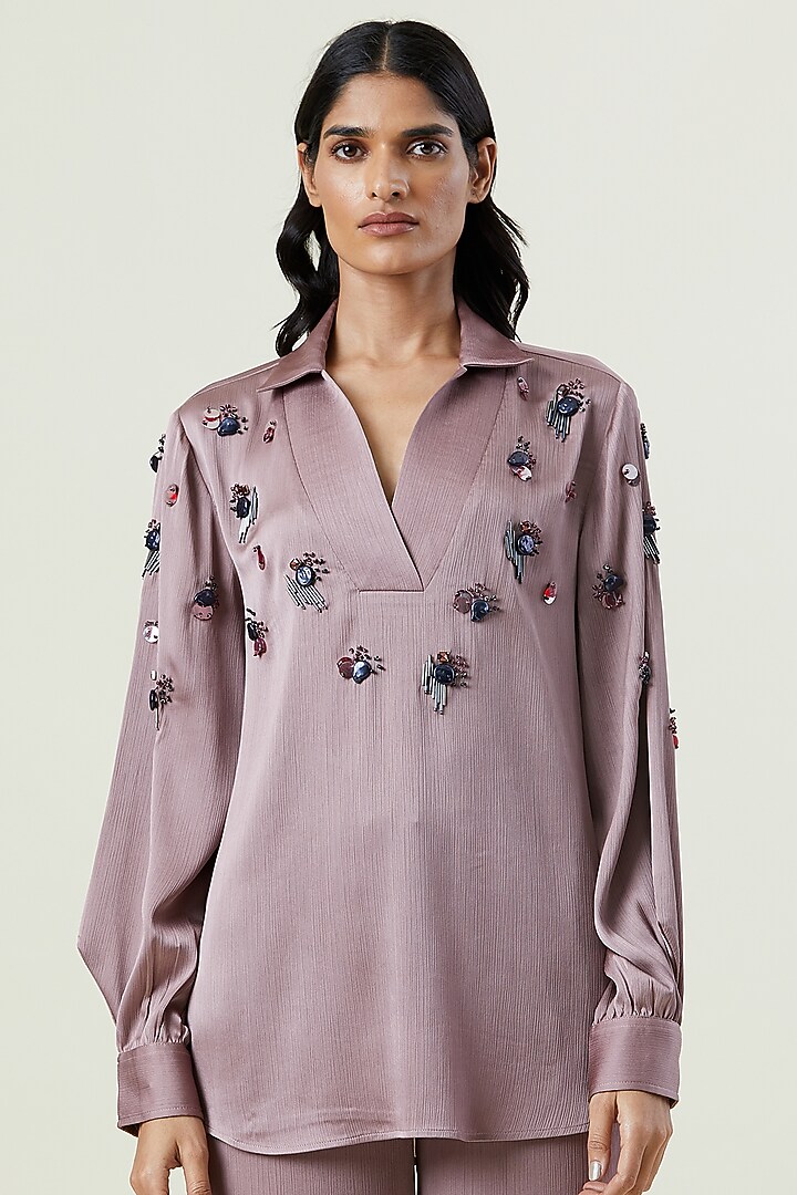 Dusty Pink Polyester Hand Embellished Co-Ord Set by Kanika Goyal at Pernia's Pop Up Shop