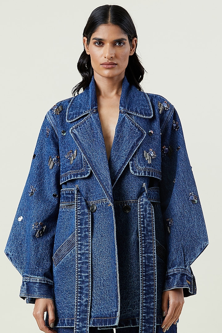Blue Cotton & Denim Embellished Trench Jacket by Kanika Goyal