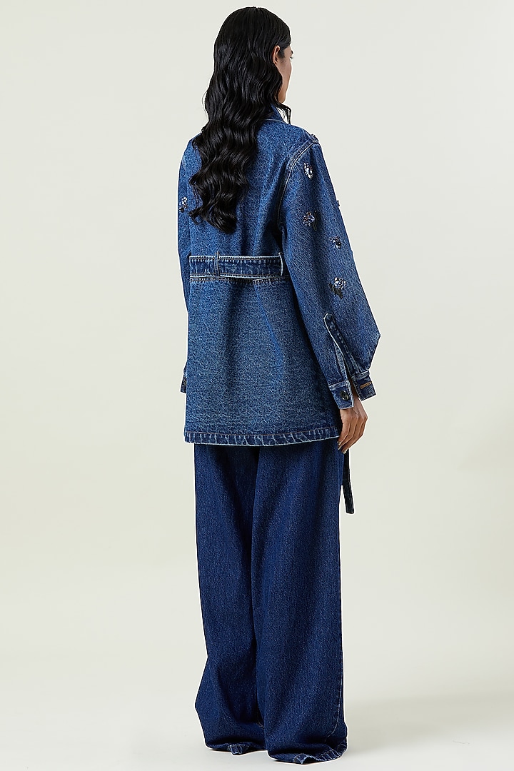 Blue Cotton & Denim Embellished Trench Jacket by Kanika Goyal at Pernia's Pop Up Shop