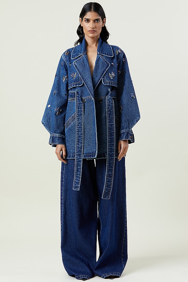 Blue Cotton & Denim Embellished Trench Jacket by Kanika Goyal at Pernia's Pop Up Shop