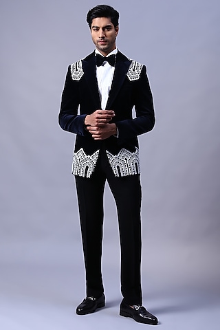 Blue Velvet Hand Embroidered Tuxedo Set by Kanishk Mehta Designs